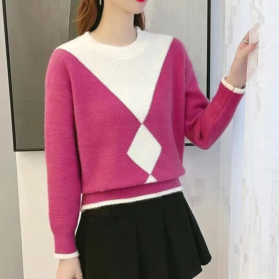 

2024 Autumn and Winter New Office Lady Knitted Round Collar Sweater Women All-matching Outer Wear Color Block Long Sleeves T104