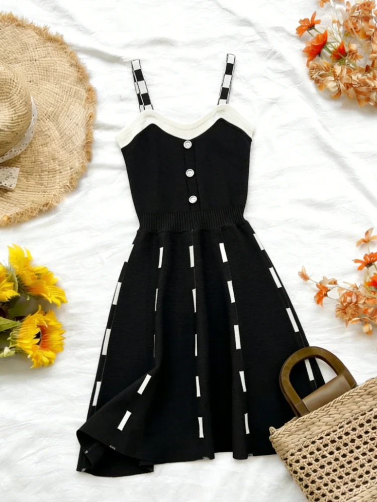 Women's V-Neck Knitted Midi Dress Contrast Strap Button Front A-Line Skater Dress Casual Summer Daily Party Wear Sweater Dress - view 4