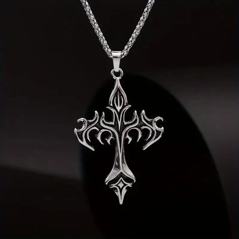 Modische Vintage Flammenkreuz-Anhänger Halskette für Damen und Herren, Lange Kette, Punk Goth Trendige Accessoires, Choker Gothic Schmuck – Detail 2