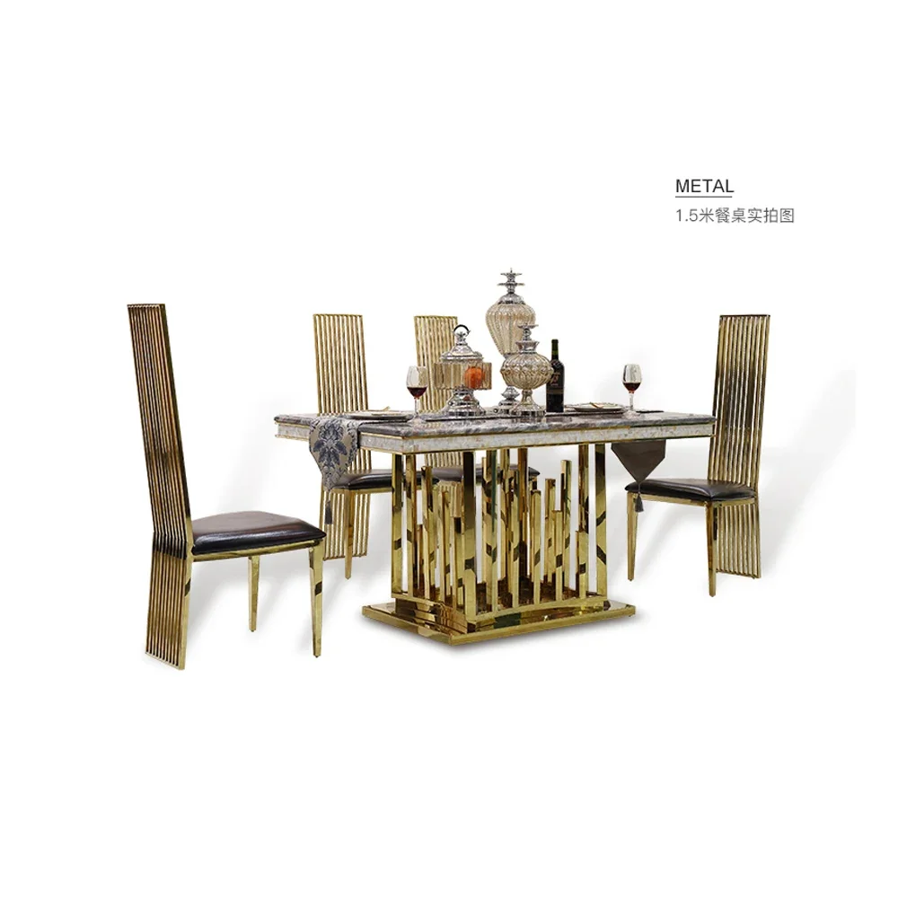 Luxury Marble Dining Table and 4 Chairs Set Sticking Seashells In Stainless Steel Gold Color for Elegant Home Decoration