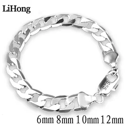 Pulsera de plata de ley 925 para hombre y mujer, brazalete lateral de 6mm, 8mm y 10mm, joyería