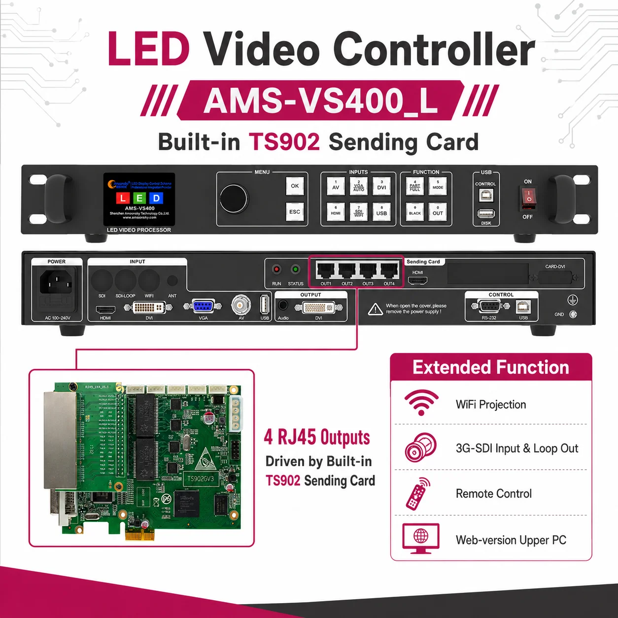 LED Video Controller VS400 5 Channel Built in Linsn TS902 4 RJ45 Gigabit Ports DVI Output Remote Control Web Control