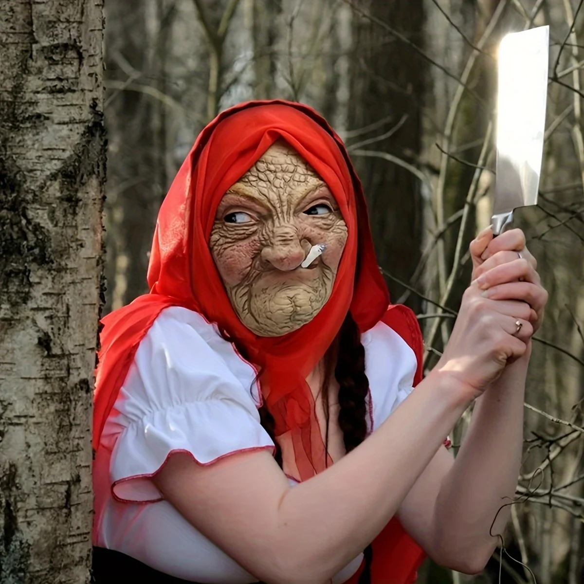 1-Pack Latex Scary Old Lady Mask, with Realistic Red Headscarf, High Detail, Ideal for Halloween Cosplay & Gifting - view 4