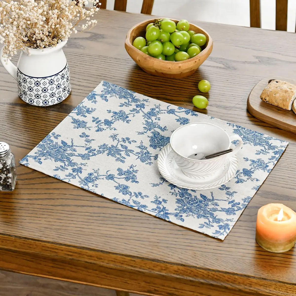 French Pastoral Cloth Placemat Washable Modern Simple Table Mat Coffee Table Plate Pad Blue Floral Cotton Fabric Home Decor