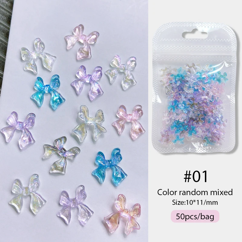 1Bag Aurora Ribbon Bowknot Nail Charm Parts 3D Colorful Nail Rhinestones Candy Colorful Nail Art Decoration DIY Manicure Tools