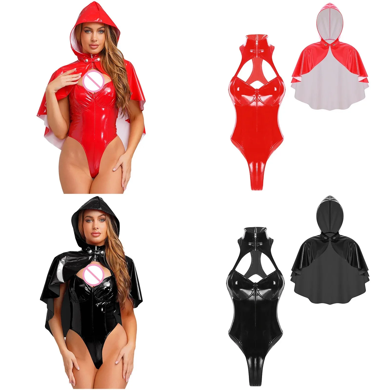 

Sexy Women Wet Look Bodysuit Latex Catsuit Patent Leather Jumpsuit and Cloak Role Play Set Nightclub Clubwear Rave Party Costume