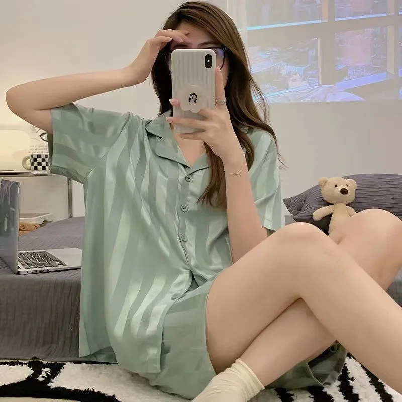 Ice Silk Sleepwear Women's 2027 New Summer Thin Short Sleeved Summer Imitation Silk Home Suit Two-Piece Set Ladies Pajamas