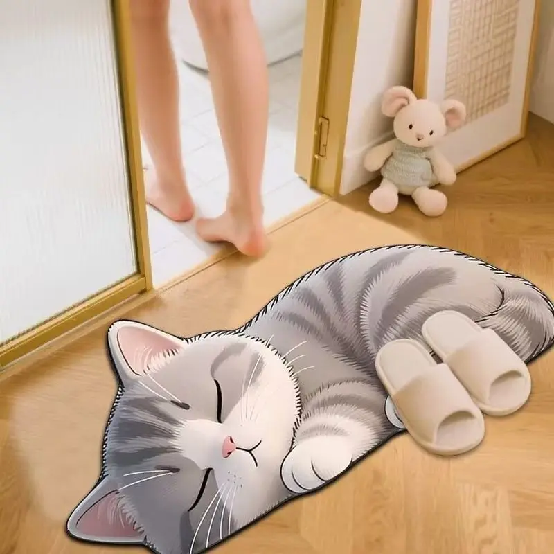 VIKAMA Grey Kitten Lying Down Door Mat Soft Warm Non Slip Bathroom Laundry Room Decor Comfortable Underfoot Mat Home Decor