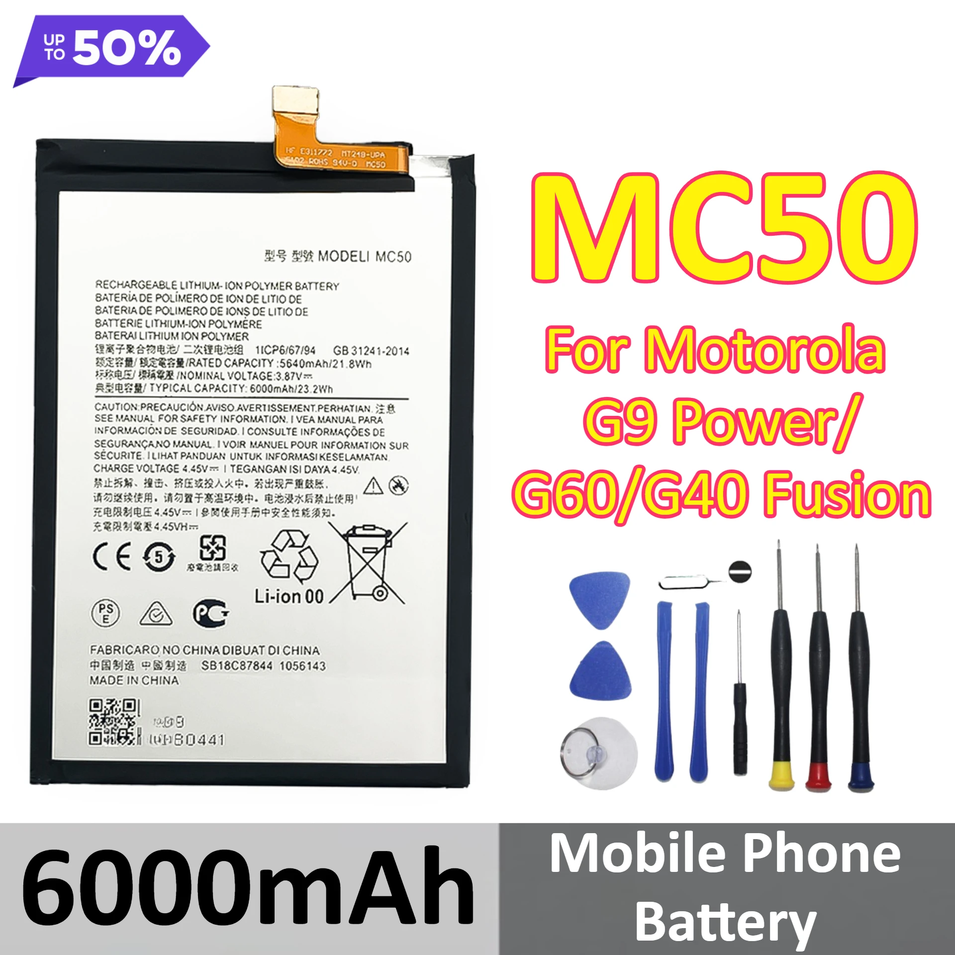 

MC50 6000mAh Mobile Phone Battery For Motorola G9 Power G60 G40 Fusion +Tools