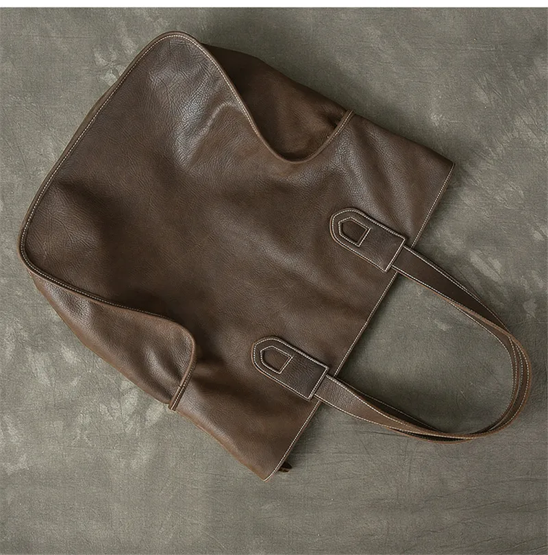 Bolso de mano de cuero genuino de gran capacidad para hombre, bolsa de hombro unisex, informal, suave, natural, a la moda