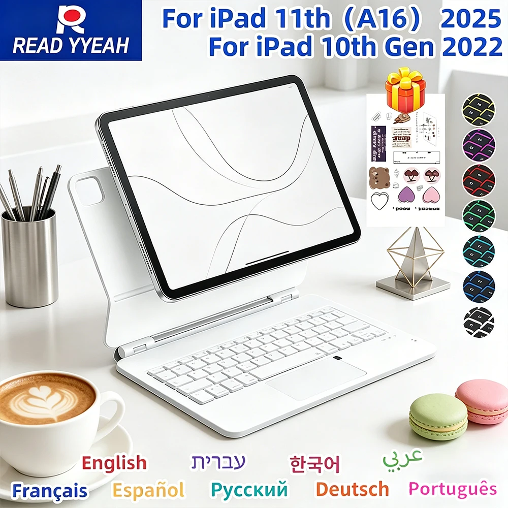 

Ультратонкий чехол-клавиатура с подсветкой и трекпадом, магнитный, для iPad 11-го поколения A16, 10-го поколения Air 4/5/6, Pro 11/13, M4, 12.9, беспроводной чехол