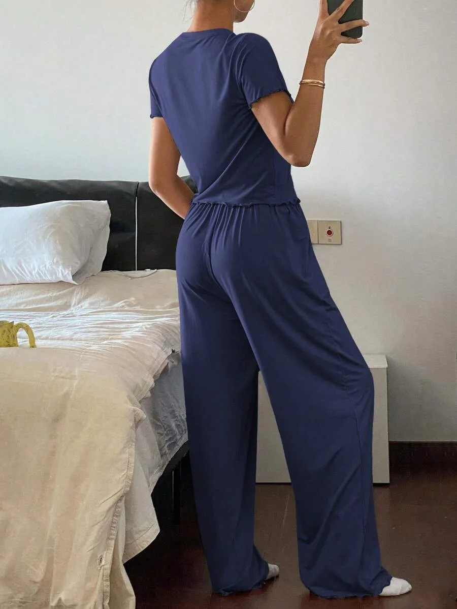 Casual Tops Two Piece Set Women Outfits Short Sleeve Crop High Waist Wide Leg Trousers Sets Streetwear Woman Pants Suit Mujer