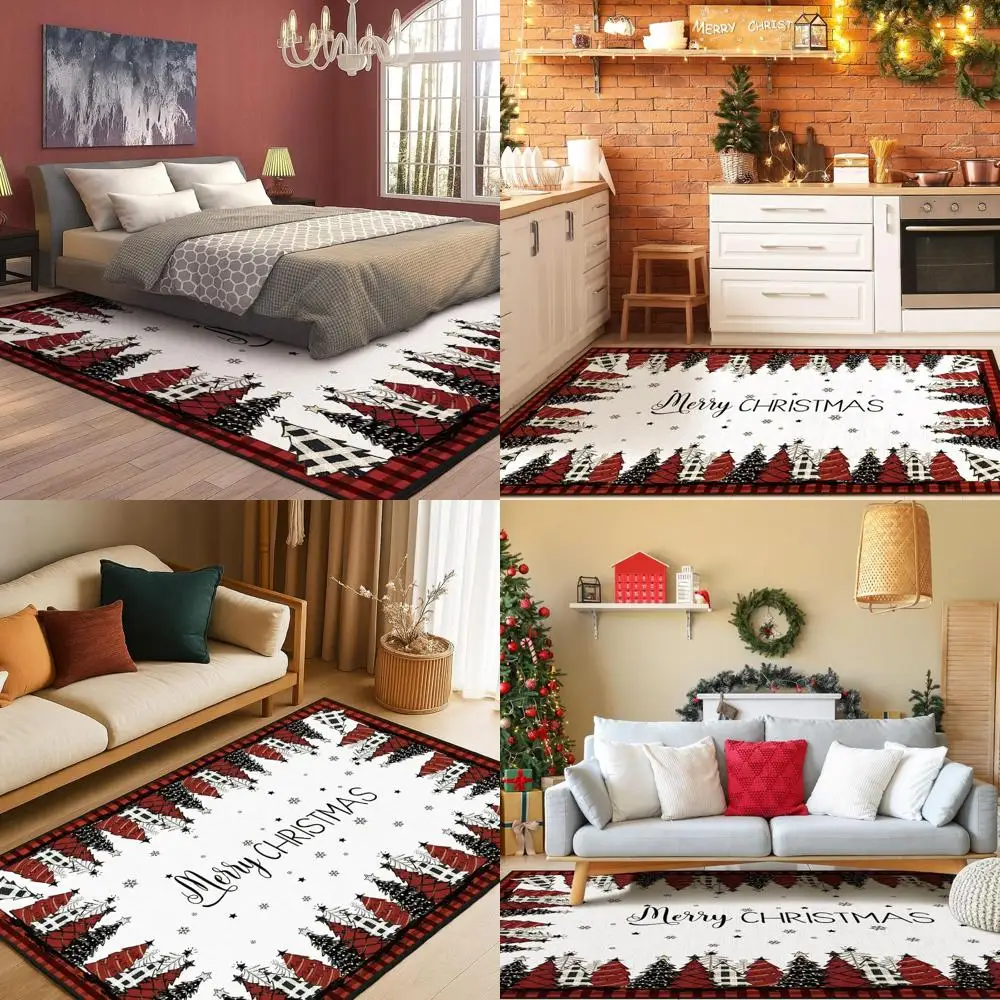 

Red and Black Buffalo Plaid Christmas Rug, 5x7 Feet, Non-Slip Snowflake Design, Washable Mat for Holiday Decor in Living Room, K