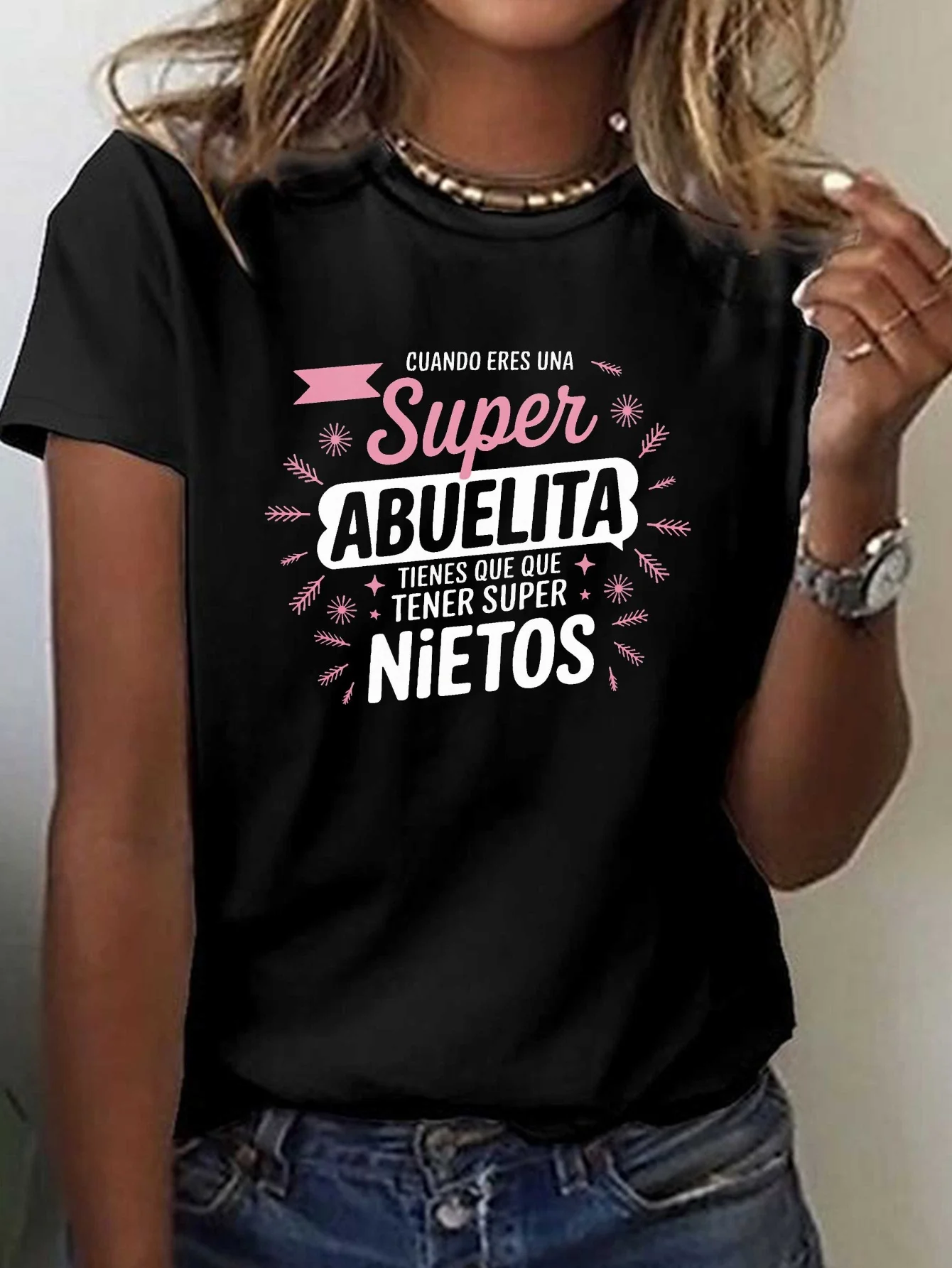 Women's Fun Spanish Quotes "Super Grandma" Pattern T-Shirt - Casual Crew Neck, Short Sleeve Top for Spring/Summer, Grey