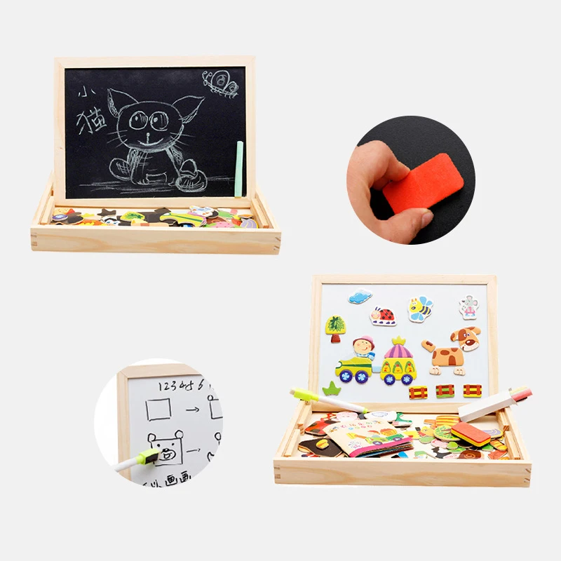 120Pcs Wooden Multifunction Children Animal Puzzle Writing Magnetic Drawing Board Blackboard Learning Education Toys For Kids