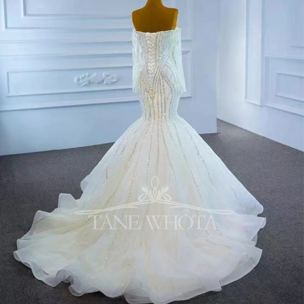 Gaun Pengantin Putri Duyung Cocok Mewah Putih dengan Manik-manik Berpayet Punggung Berenda Lengan Panjang Sayang Gaya 2025 Dapat Disesuaikan