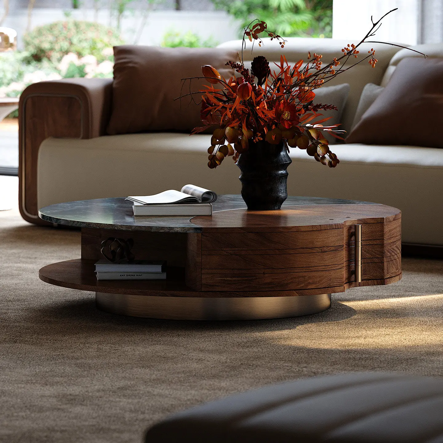 Natural luxury stone round coffee table, original high-end large flat layer round solid wood coffee table