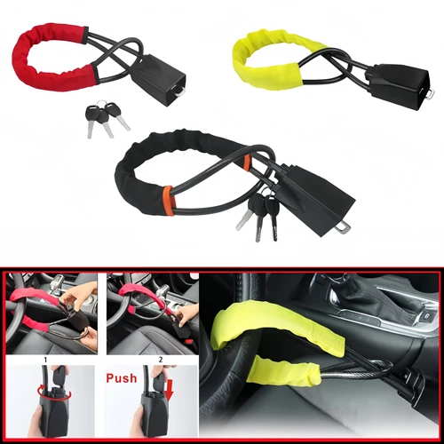 Bloqueo de volante de coche, dispositivo de seguridad de Cable de acero antirrobo, ajuste Universal para vehículos, evita el uso antirrobo, protección duradera