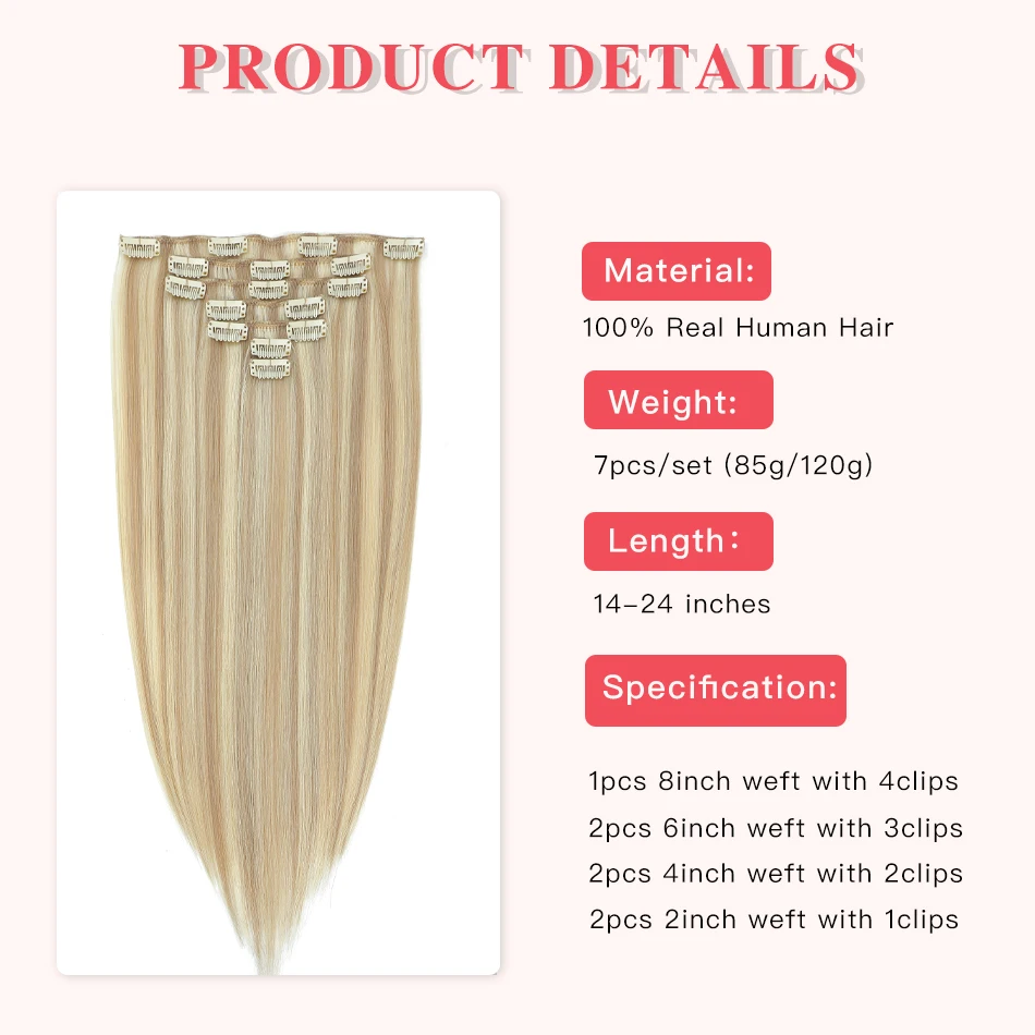 Highlight Clip In Human Hair Extensions 7pcs Straight Blonde Clip In Extensions 120g Brazilian Double Weft Natural Human Hair