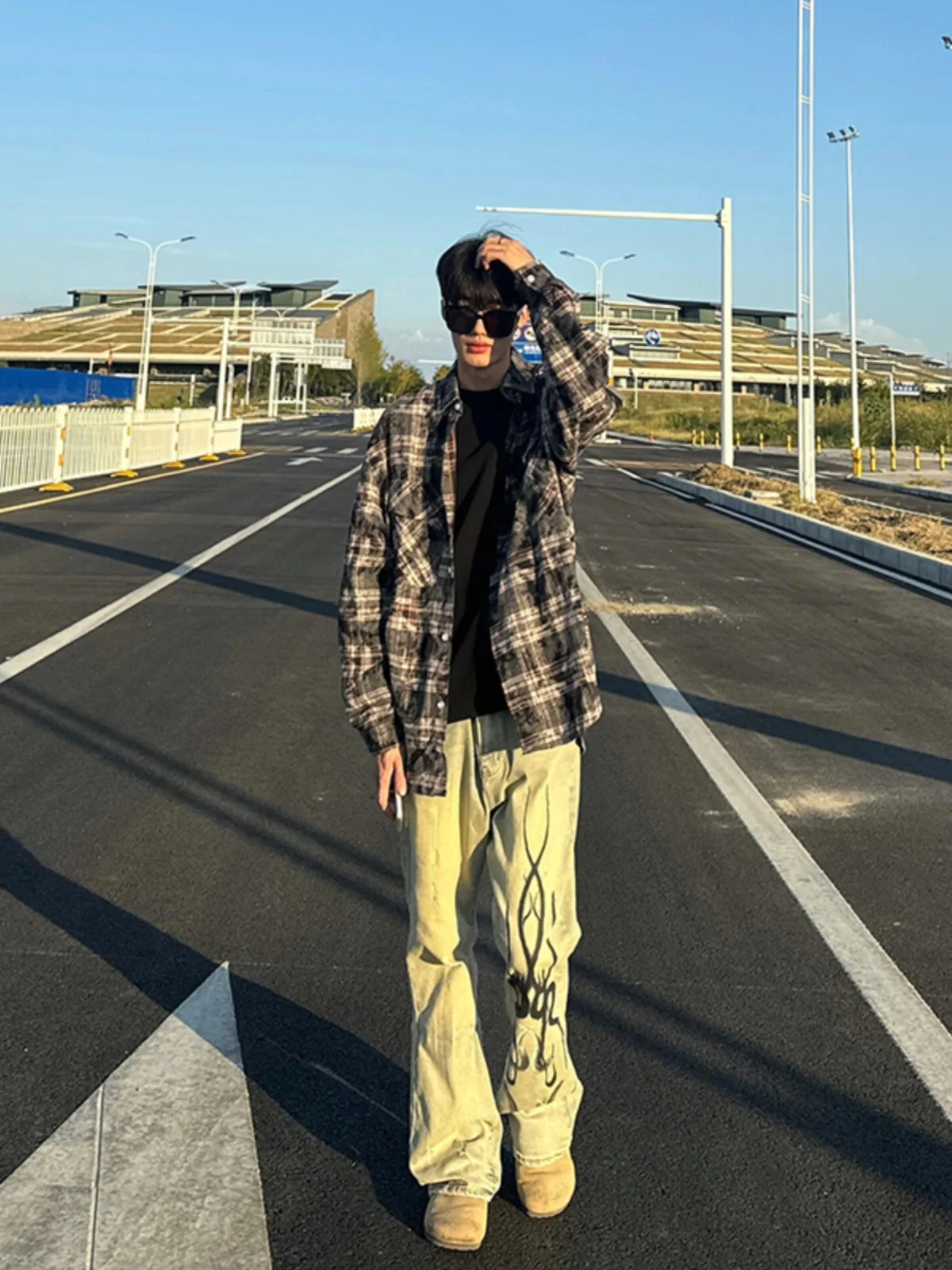 

Flame adow Print Men's Jeans Trendy Street Sle High Waist Straight Leg Micro Flared Pants Cotton Denim Youthful Faion