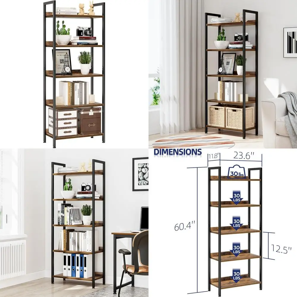 

Vintage 5-Tier Bookshelf for Home & Office Storage, Suitable for Living Room, Bedroom, and Vintage Style