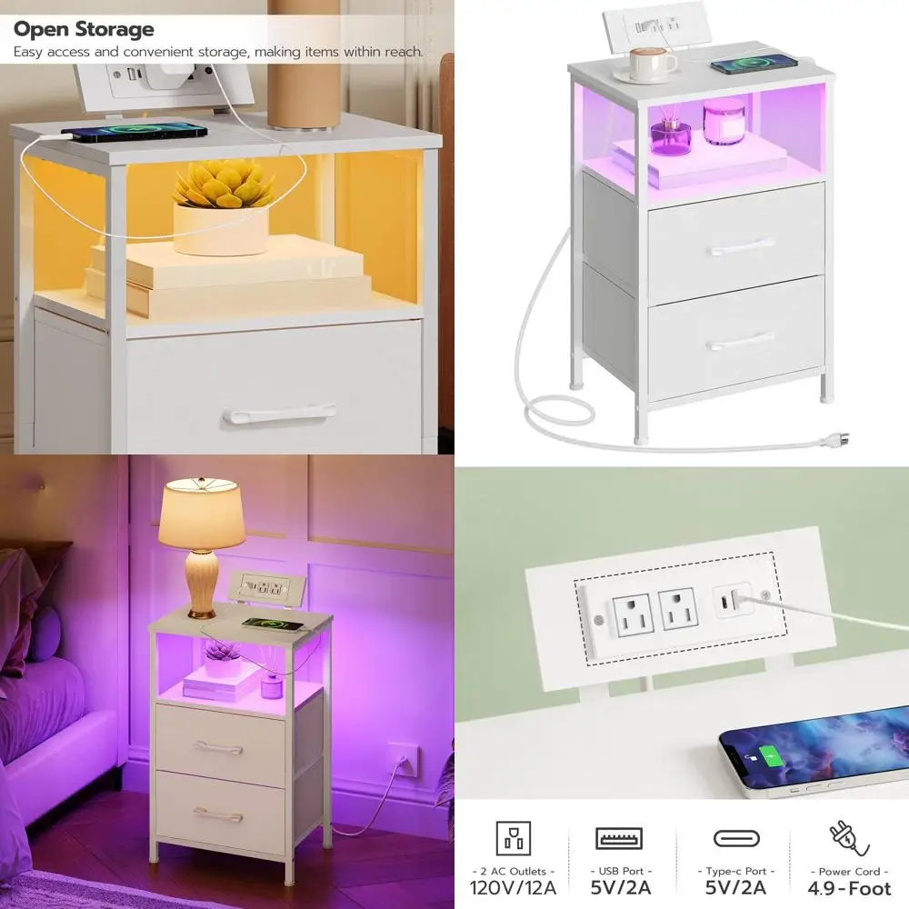 

Прикроватная тумбочка с зарядной станцией, светодиодной подсветкой, тканевыми ящиками и портами AC/USB