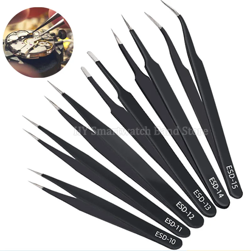 6PCS Precision Tweezers Set ESD Anti Static Stainless Metal Tweezers Repair Tools for Electronics Repair Soldering Craft Replace