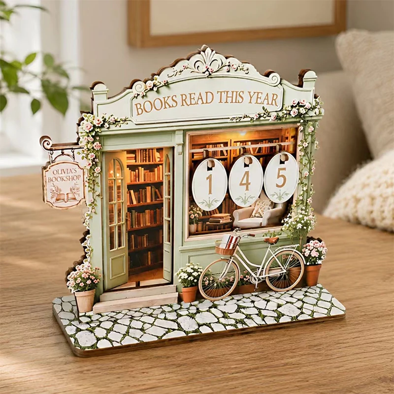 2D Flat Vintage Wooden Book Tracker Decor Sign Set Reading Counter Ornament with Interchangeable Number Track Up To 999 Books