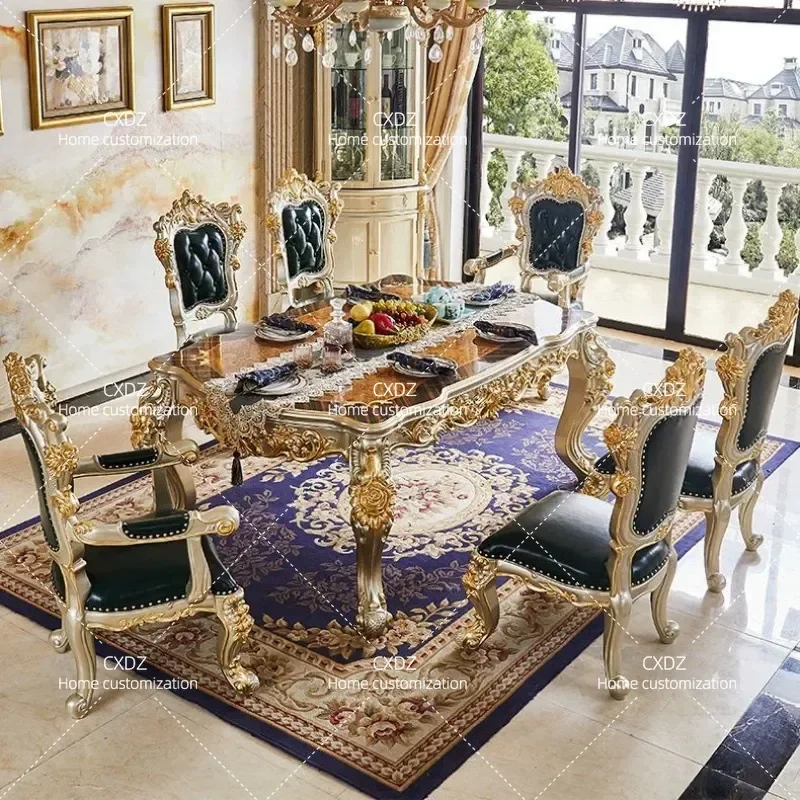 European Style Solid Wood Dining Table and Chairs Set Rectangular Flower Pattern Large Size for Villa Restaurant Home Use