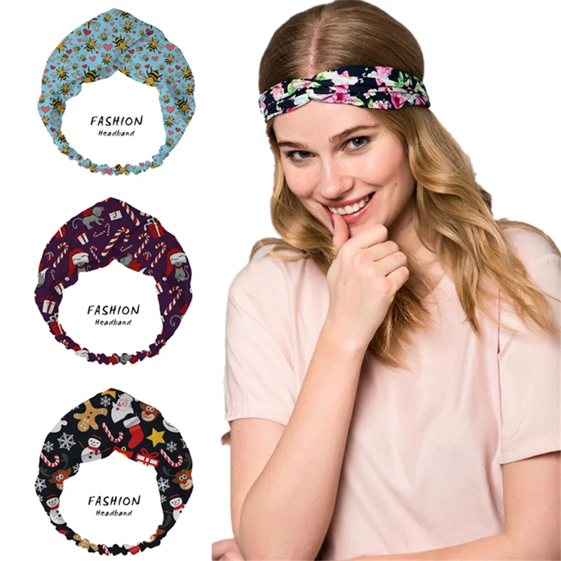 Women Blue background Bohemian Hair Bands Print Headbands Retro Turban Bandage Bandanas HairBands Hair Accessories Headwrap