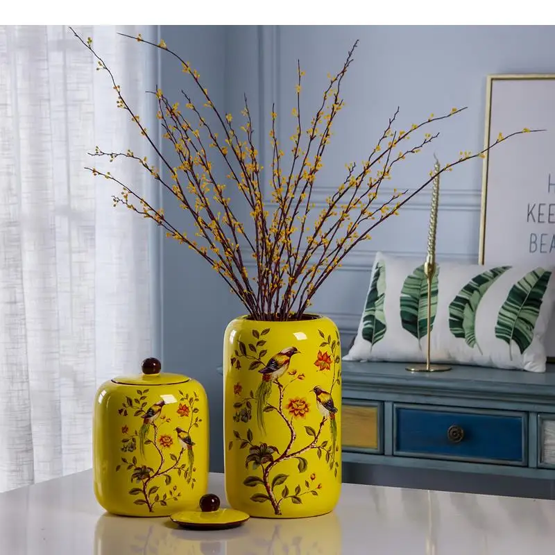 Flower and Bird Pattern Storage Jar Yellow Ceramic Vases Arrangement Desk Decoration Jewelry Jars Cosmetic Containers