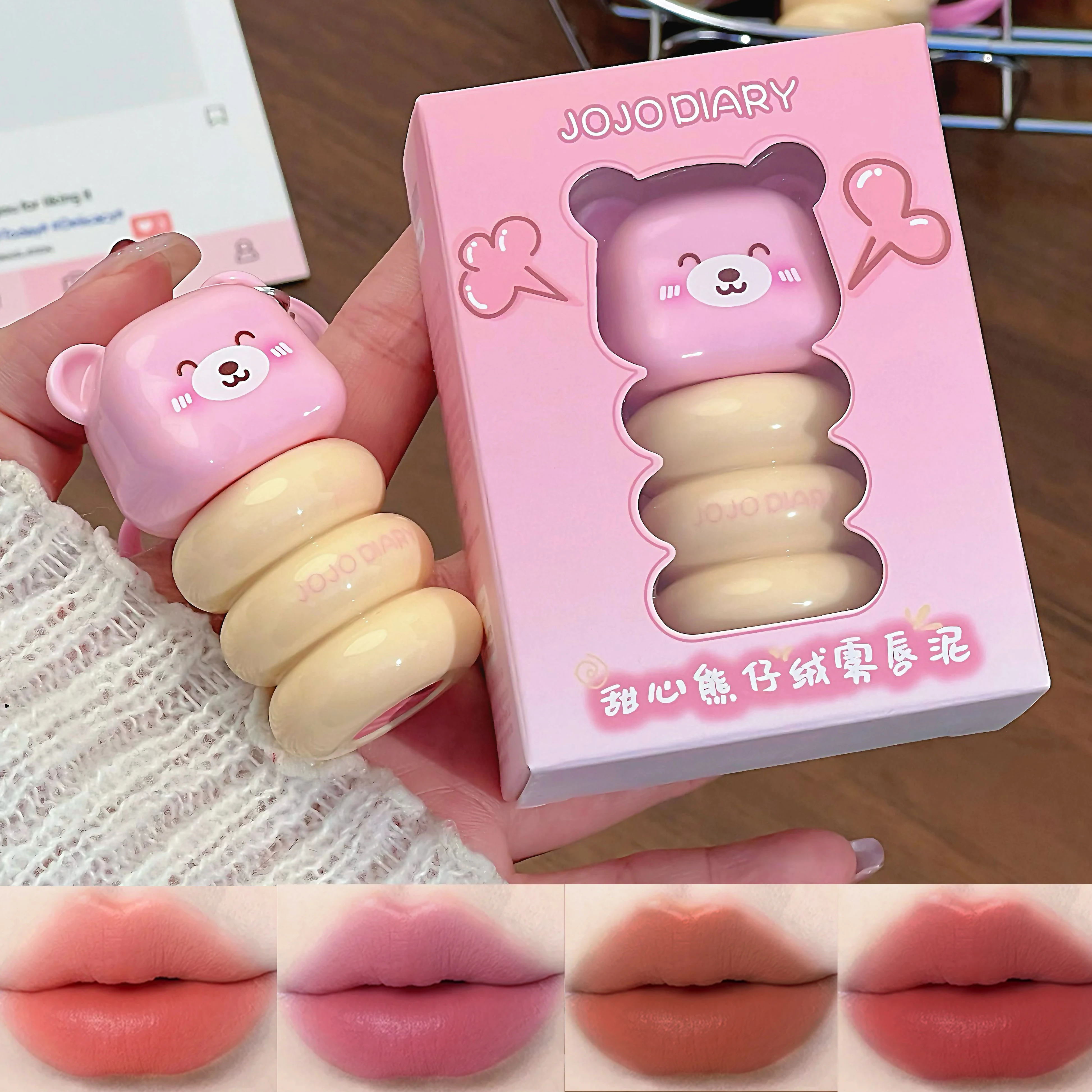 JOJO DAILY Pink Bear Pendant Velvet Matte Lip Cream Black Rabbit Lip Glaze Matte Pendant Lipstick Lip Gloss