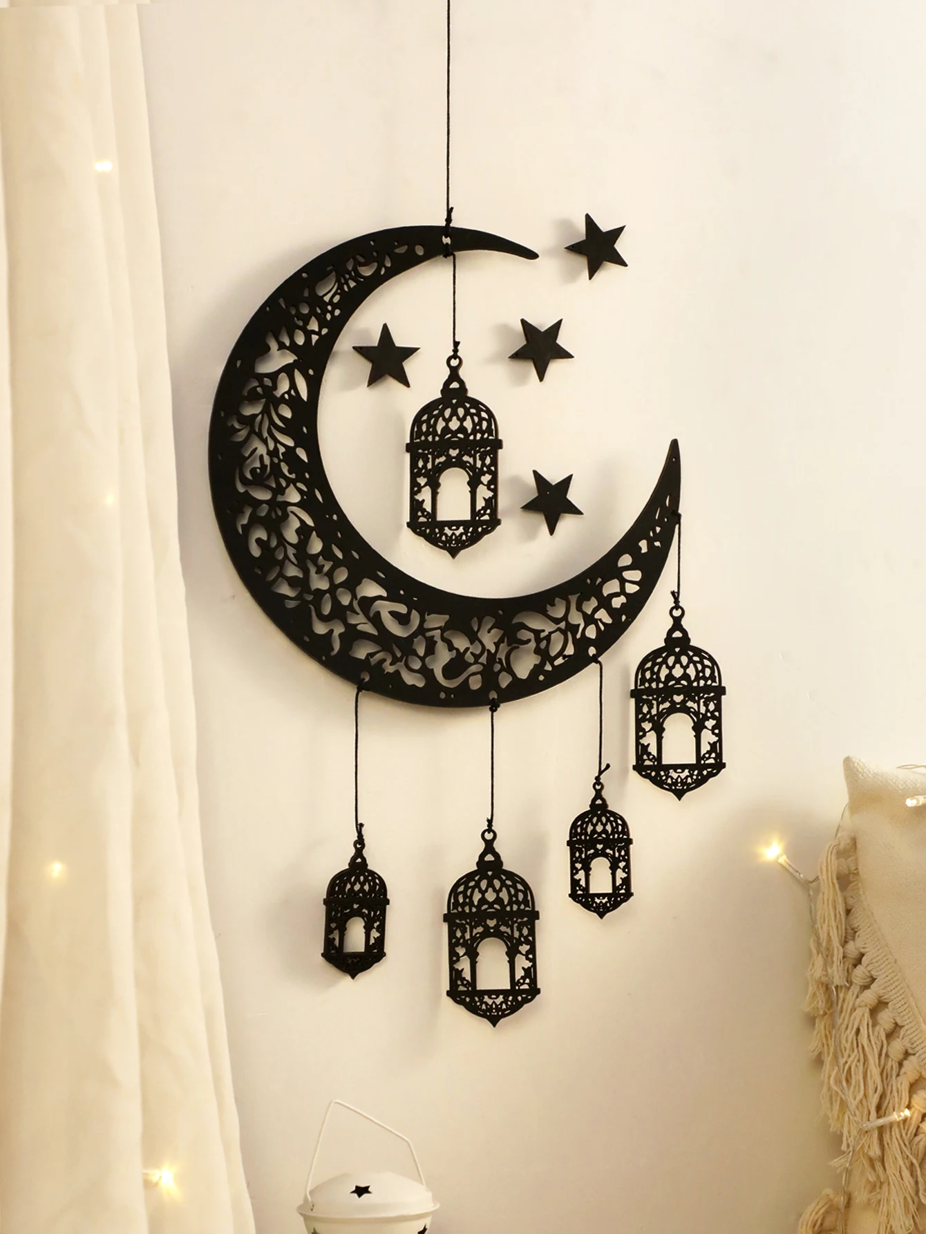 Wooden Hollow Moon and Star Lantern – DIY Ramadan Hanging Decor, Islamic Eid Mubarak Festival Decorations，Ornament Islamic Gifts