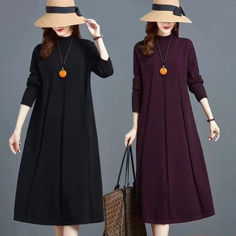 

Ropa Mujer Loose A-line Middle Aged Mother Long Sweater Dress Spring Autumn Woolen Jumper Turtleneck Warm Pullover Women Sweater