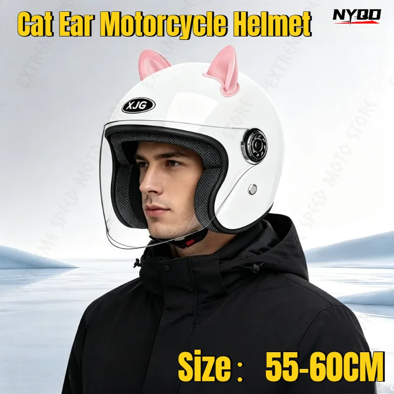 Motorradhelm mit Katzenohren, Vier-Jahreszeiten-Warm-Sicherheitshelm für Männer und Frauen, Schutzhelm für Elektrofahrräder und Motorräder