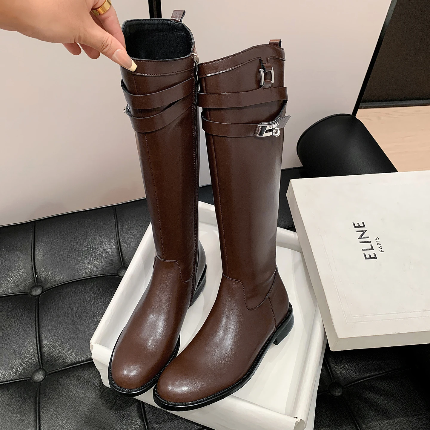 Arden Furtado Autumn Burgundy Cowhide Riding Boots Round Toe Pull-On Middle Heel Knee High Boots Large Size Women's Boots
