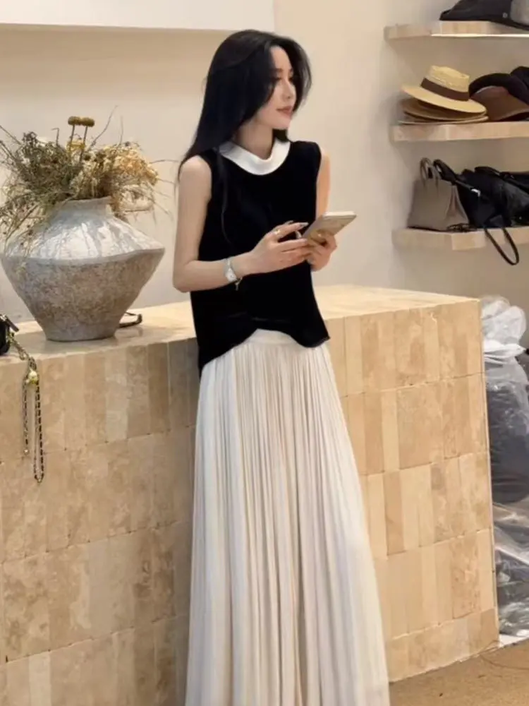 Korean Style Stand Collar Patchwork Velvet Sleeveless Vest Women's Summer New Loose Slimming Versatile Small Size Top