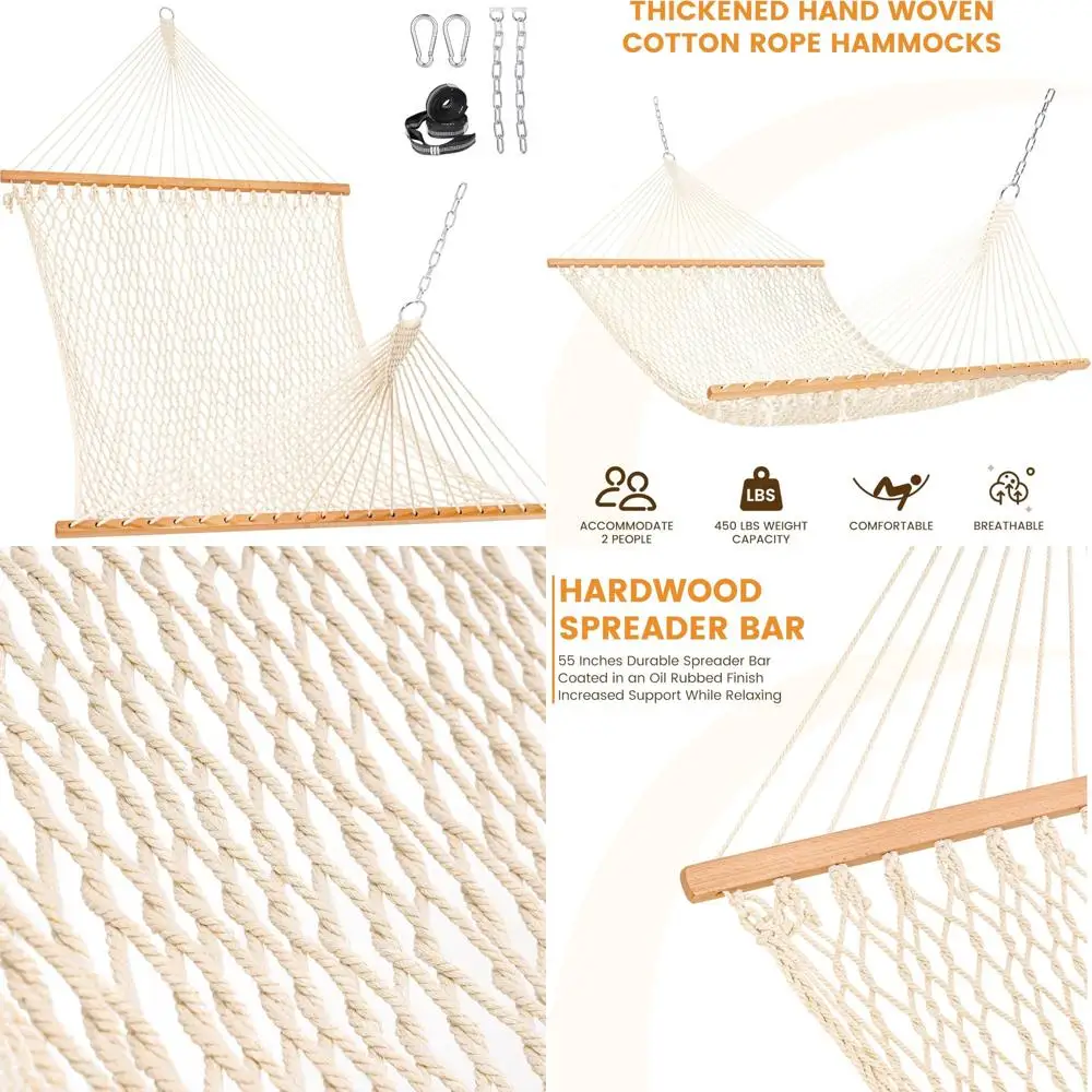 

Lazy Daze Hammocks Double Rope Hammock, 2 Person Traditional Outdoor Hand Woven Cotton Rope Hammock with Spreader Bar, Chains, T
