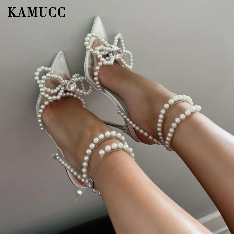 

Pointed Toe Women Shoes Crystal Heel Sandals Sexy High Heels Sandals Summer Party Wedding Shoes Pearls Bowtie Pumps Big Size 42