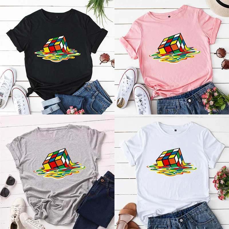 2024 Summer Loose Women's T-Shirt High Quality Rubik's Cube Pattern Printed Short Sleeve Plus Size Women's Short Sleeve T-Shirt