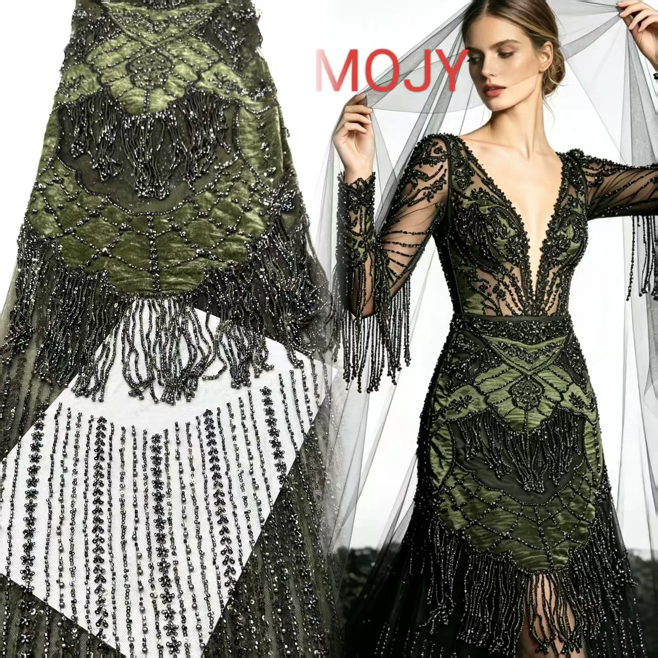 Luxury Dark Green Heavy Beaded Tassel Lace Fabric Rhinestone Sequins Embroidered Tulle Mesh Cloth for Evening Gown Party Dress