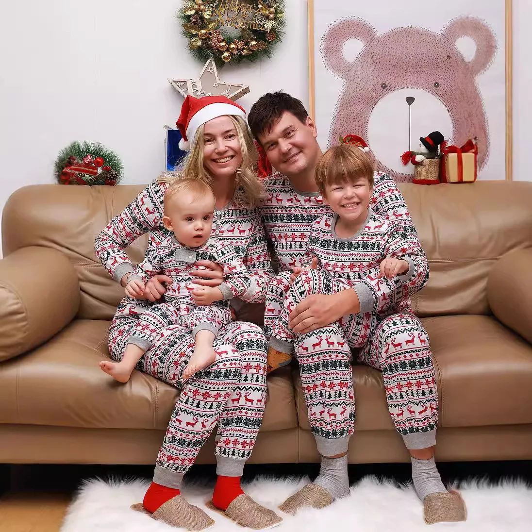 

2025 new Christmas parent-child suit red and white contrast parent-child suit leisure home wear pajamas 2 sets