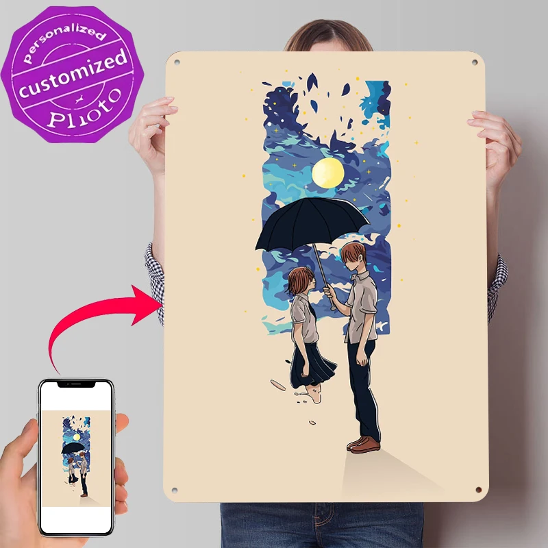 Couple Sharing Umbrella Under Moonlit Sky Tin Poster Customized Wall Art Retro Vintage Metal Signs for Fans Room Home Decor Men