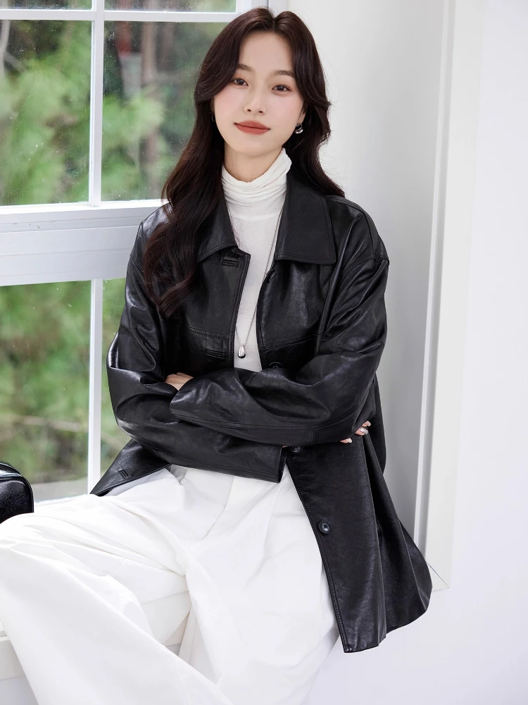 Casual Black Genuine Leather Windbreaker Jackets Women Spring Autumn 2025 New High-end Simple Soft Oil Wax Real Sheepskin Coat