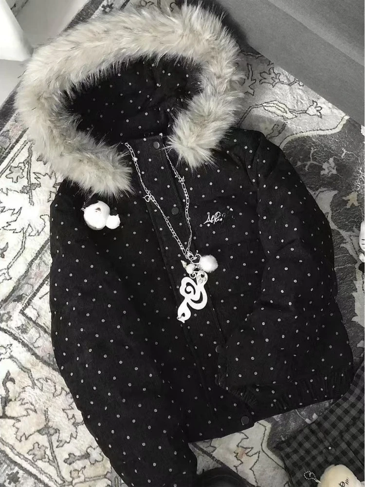 Y2K Preppy Cool Polka Dot Print Fur Trim Hooded Puffer Parka Women Oversized Loose Fit Warm Winter Casual Streetwear Outfit 2026