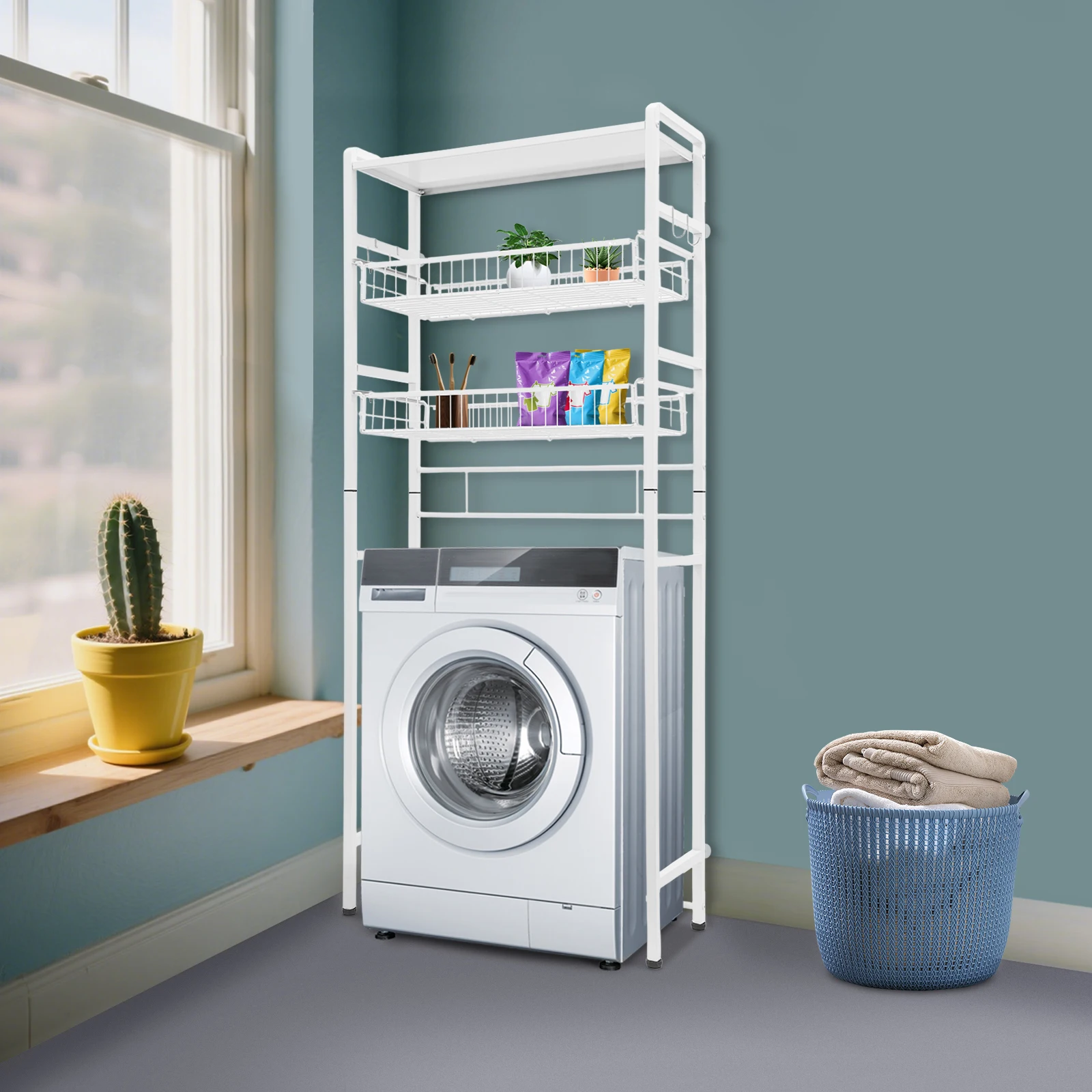 

Over Washer Dryer Shelf White, 3 Tier Pull Out Laundry Organizer, Space Saving Storage Rack for Detergent, Towels, Bathroom