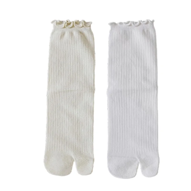 جوارب هاراجوكو البسيطة، جوارب مرنة عالية، جوارب يابانية بحافة مكشكشة من القطن بمقدمة مقسمة، لون سادة، جورب بإصبعين