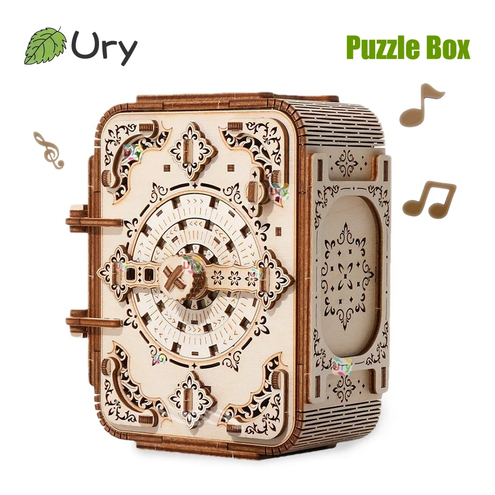 URY 3D Wooden Puzzle Music Antique Password Treasure Box Lockbox DIY Advanced Assembly Model Toys Creative Gift for Lady Girls