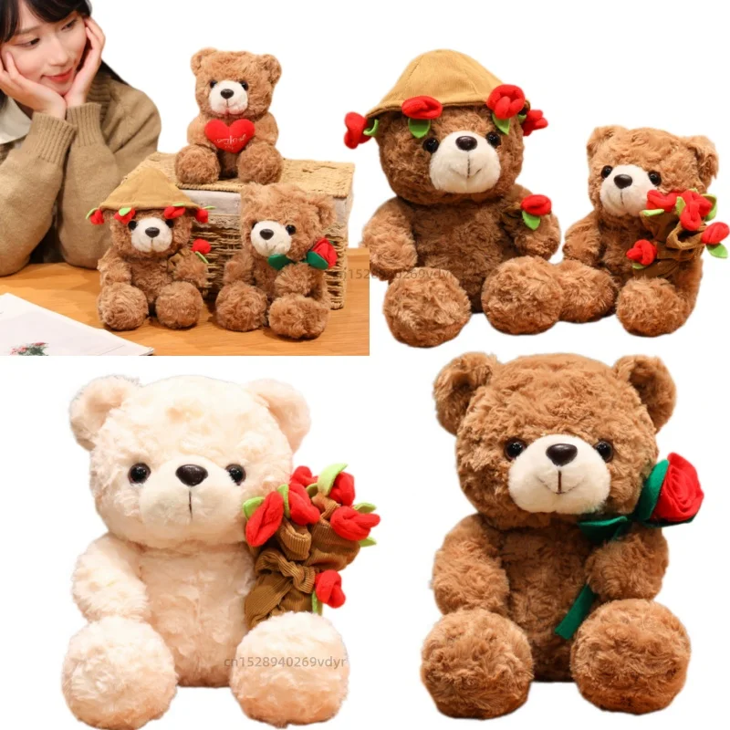 

15/25cm Cute Bear Hug Roses Stuffed Plush Toys Sitting Curly Hair Love Dolls Brown White Valentine's Day Gift Home Office Decor
