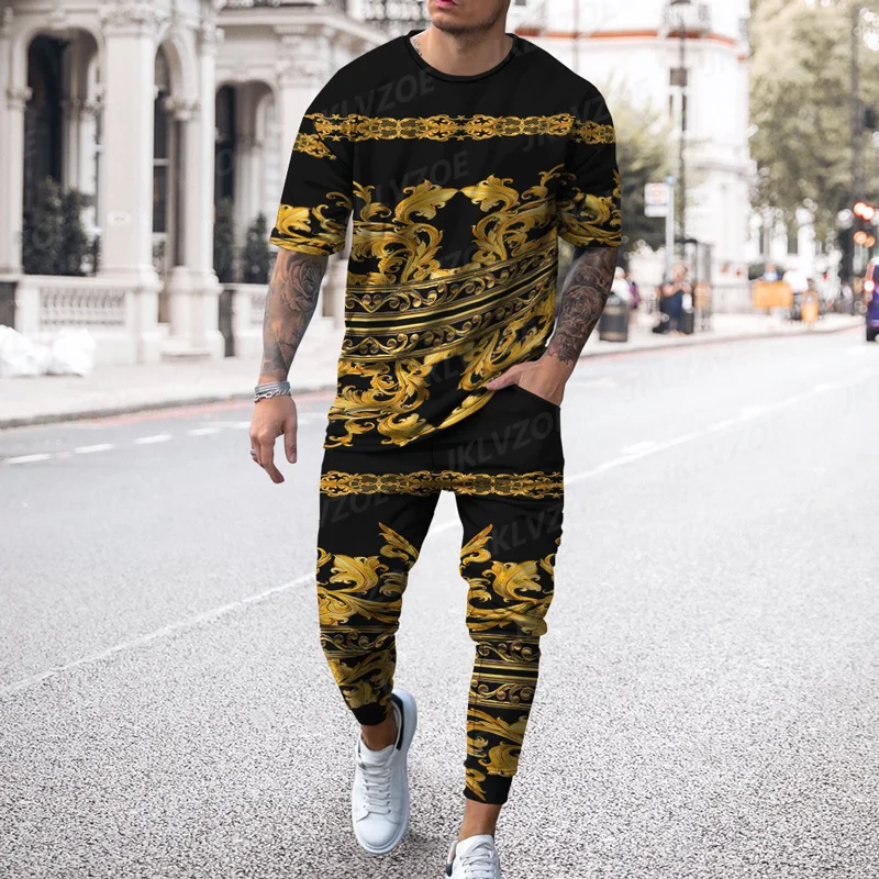 2023 Summer Men\'s 2 Piece Sets Oversized T Shirts Joogers Outfits Fashion Men Trousers Tracksuit 3D Printed Trend Male Clothing